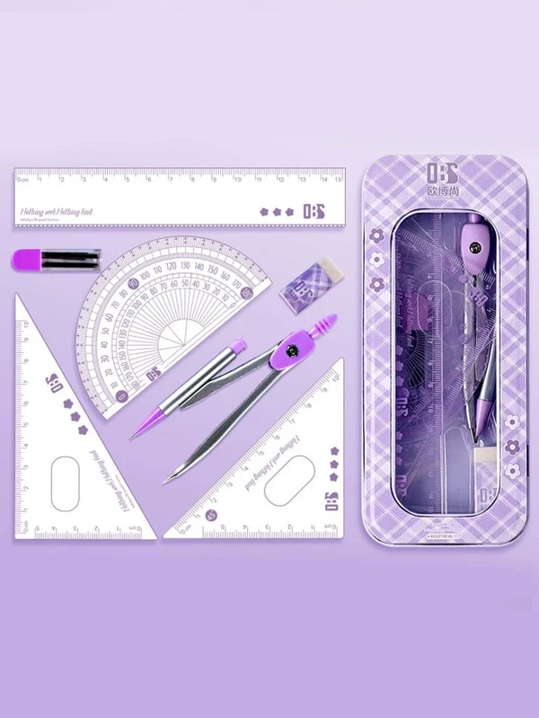 8pcs Student Stationery Set Includes Compass, Ruler Purple