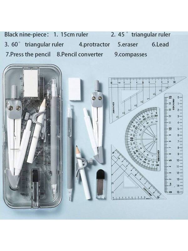 9pcs Ruler, Compass, Pencil Drawing Tool Set For Students, Kids Stationery Kit With Measuring Ruler Multicolor