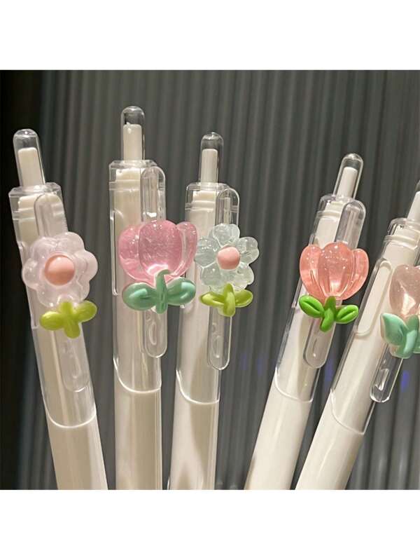 (Random Style)Flower Charm Pen Set - Quick Drying Gel Ink, Pen Tip, Heart Shaped Details, Question Mark Design, Transparent Colors For Students And Stationery Lovers Office, School, Drawing,Student,Markers,Stationery,Boys,Girls,School Supplies(Random Style) Multicolor