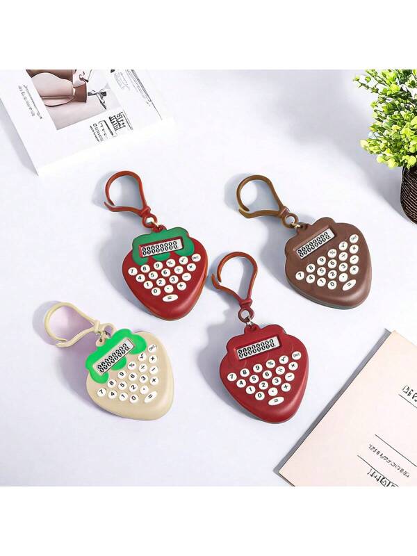 1pc Novelty Strawberry Shaped Mini Cartoon Pocket Calculator Keychain Multicolor