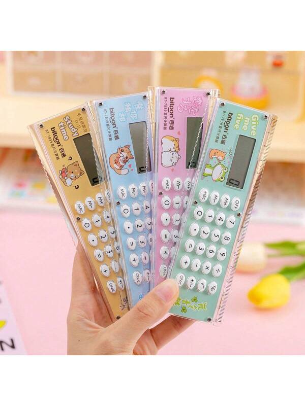 1pc Mini Ruler Calculator Multi-Functional 2 In 1,Portable Calculators Ruler With 8-Digit,Cartoon Creative Ruler Calculator,Student Calculator Office Supplies Single Piece