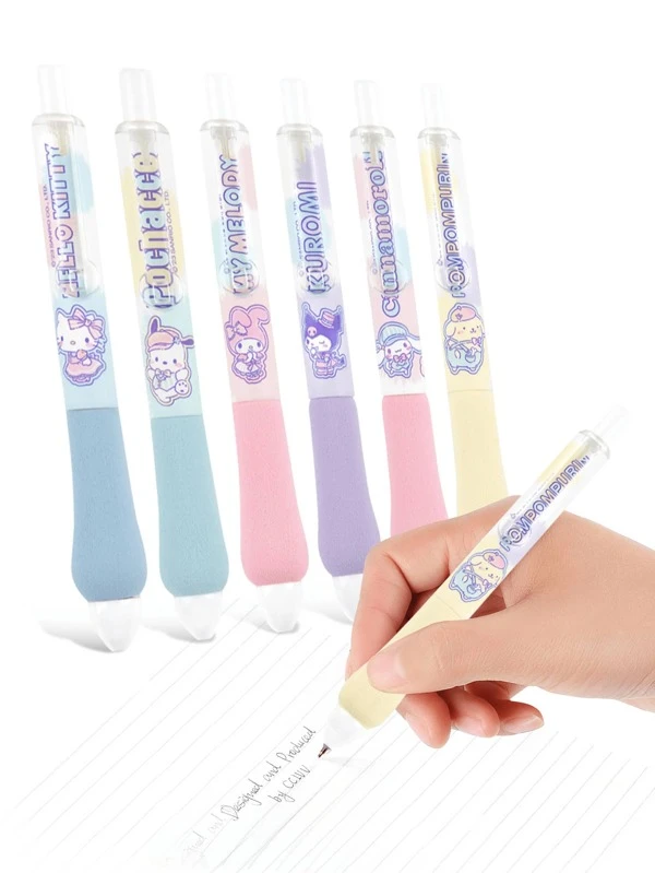 6Pcs Random Color Genuine Kawaii Cute Cartoon Kitty Cat Neutral Pen Black Ballpoint Pen Student Stationery Office Supplies Hello Kittys Kuromis Cinnamorolls My Melodys Pochaccos Pom Pom Purins(Some Parts May Be Random) Multicolor