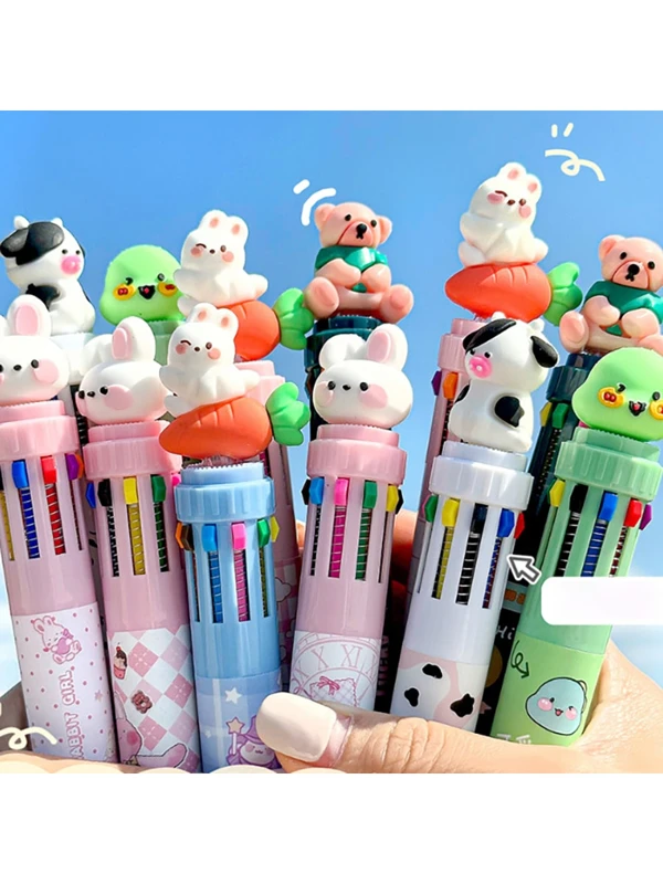 1pc-Student Multi-Color Ballpoint Pen Children's Cartoon Cute Multi-Function 10-Color Handbook Color Multi-Color Pen School Supplies Painting Puzzle Multicolor